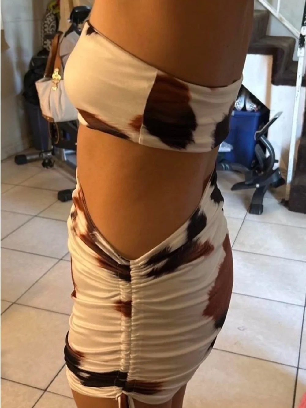 Cutout Mini Skirt in Cream with Brown & Black Spot Print